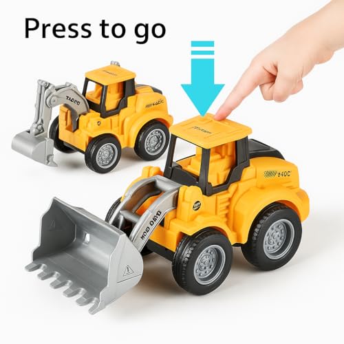 Push & Go Construction Truck Set Γ Friction Powered Bulldozer and Excavator Toy Vehicles with Moving Arms for Toddlers (Set of 2)