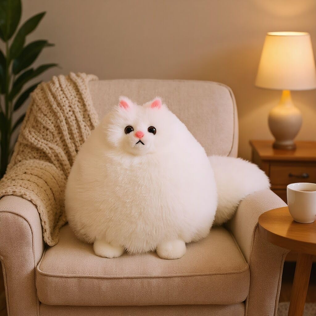 Giant Fluffy Persian Cat Plush Γ Ultra-Soft White Round Kitty Stuffed Animal Pillow Toy for Kids and Adults