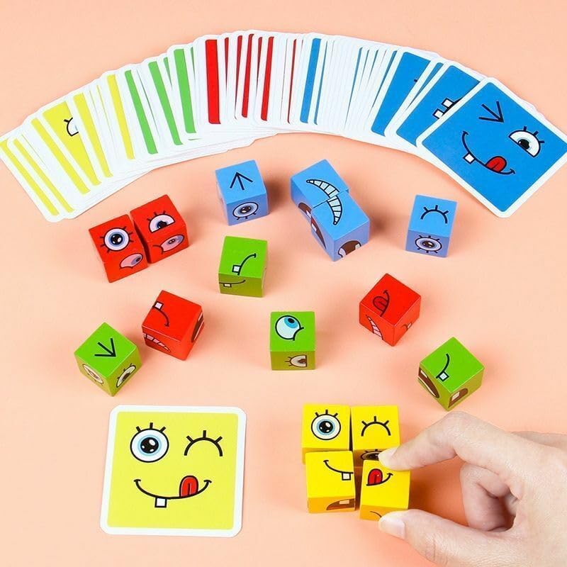 Wooden Face Changing Cube Puzzle Ð Educational Expression Matching Game with 16 Blocks and 72 Challenge Cards in a Metal Storage Box