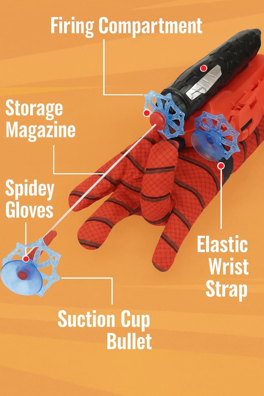 Spider Web Shooter Toy for Kids β Hero Wrist Launcher with Sticky Wall Soft Bombs for Fun Cosplay and Interactive Play (Red, Pack of 1)