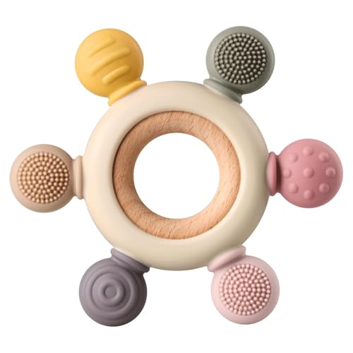 Baby Teething Toys – BPA-Free Silicone Teether with Organic Wooden Ring for Infants 3+ Months, Safe Chewable Teething Ring for Oral Soothing