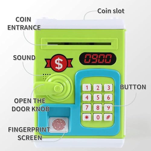 Fingerprint Money Safe for Kids Ð Electronic ATM Piggy Bank with Touch Sensor, Password Lock, Auto Money Roll, Lights and Sound (Blue, Pink, Red)