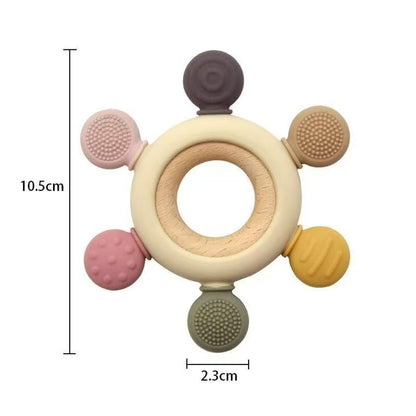 Baby Teething Toys – BPA-Free Silicone Teether with Organic Wooden Ring for Infants 3+ Months, Safe Chewable Teething Ring for Oral Soothing