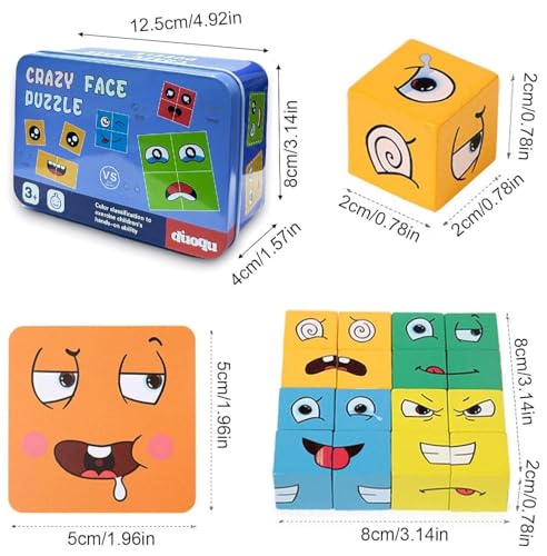 Wooden Face Changing Cube Puzzle Ð Educational Expression Matching Game with 16 Blocks and 72 Challenge Cards in a Metal Storage Box