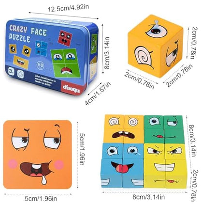 Wooden Face Changing Cube Puzzle Ð Educational Expression Matching Game with 16 Blocks and 72 Challenge Cards in a Metal Storage Box