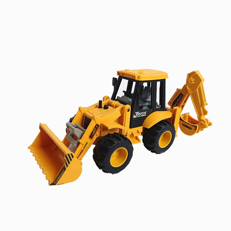 2-in-1 Excavator and Bulldozer Construction Vehicle Toy Ð Friction Powered Push and Go JCB Truck with Movable Parts for Kids (Yellow)