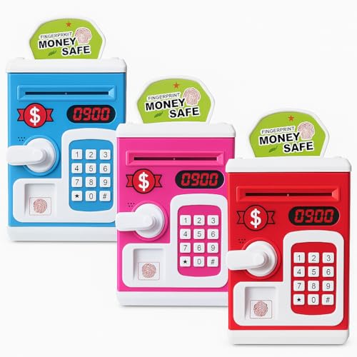 Fingerprint Money Safe for Kids Ð Electronic ATM Piggy Bank with Touch Sensor, Password Lock, Auto Money Roll, Lights and Sound (Blue, Pink, Red)
