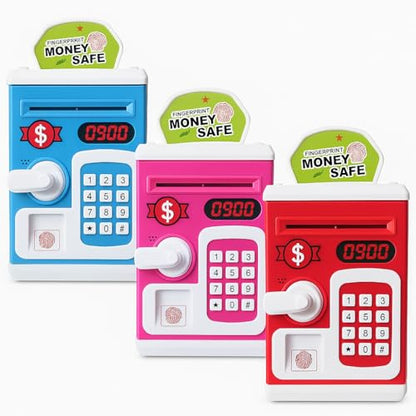 Fingerprint Money Safe for Kids Ð Electronic ATM Piggy Bank with Touch Sensor, Password Lock, Auto Money Roll, Lights and Sound (Blue, Pink, Red)