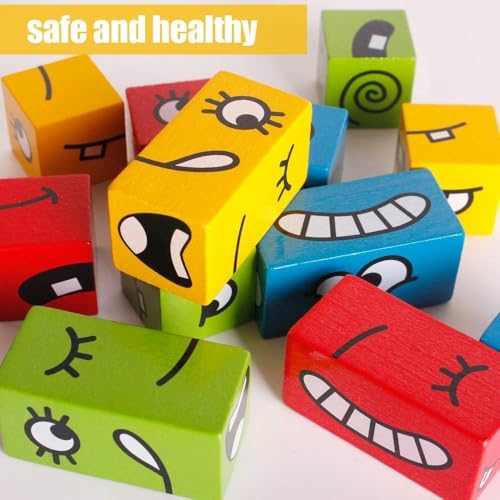 Wooden Face Changing Cube Puzzle Ð Educational Expression Matching Game with 16 Blocks and 72 Challenge Cards in a Metal Storage Box