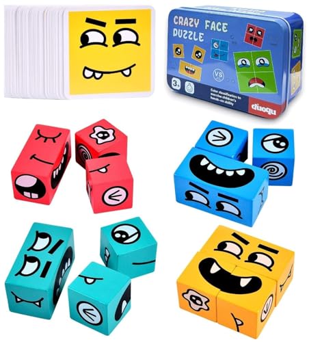 Wooden Face Changing Cube Puzzle Ð Educational Expression Matching Game with 16 Blocks and 72 Challenge Cards in a Metal Storage Box