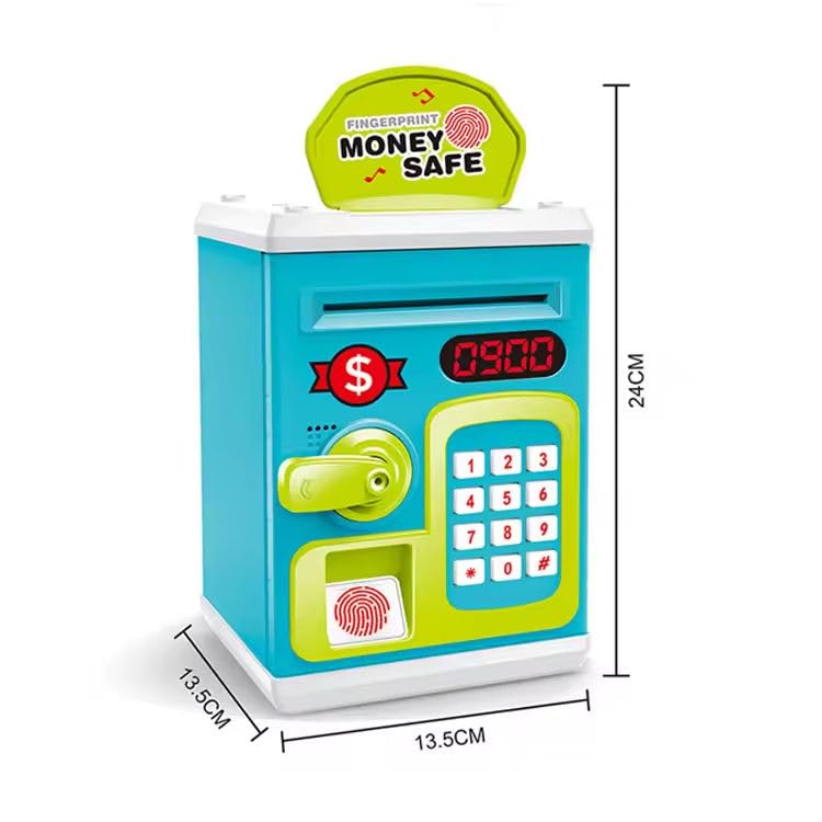 Fingerprint Money Safe for Kids Ð Electronic ATM Piggy Bank with Touch Sensor, Password Lock, Auto Money Roll, Lights and Sound (Blue, Pink, Red)