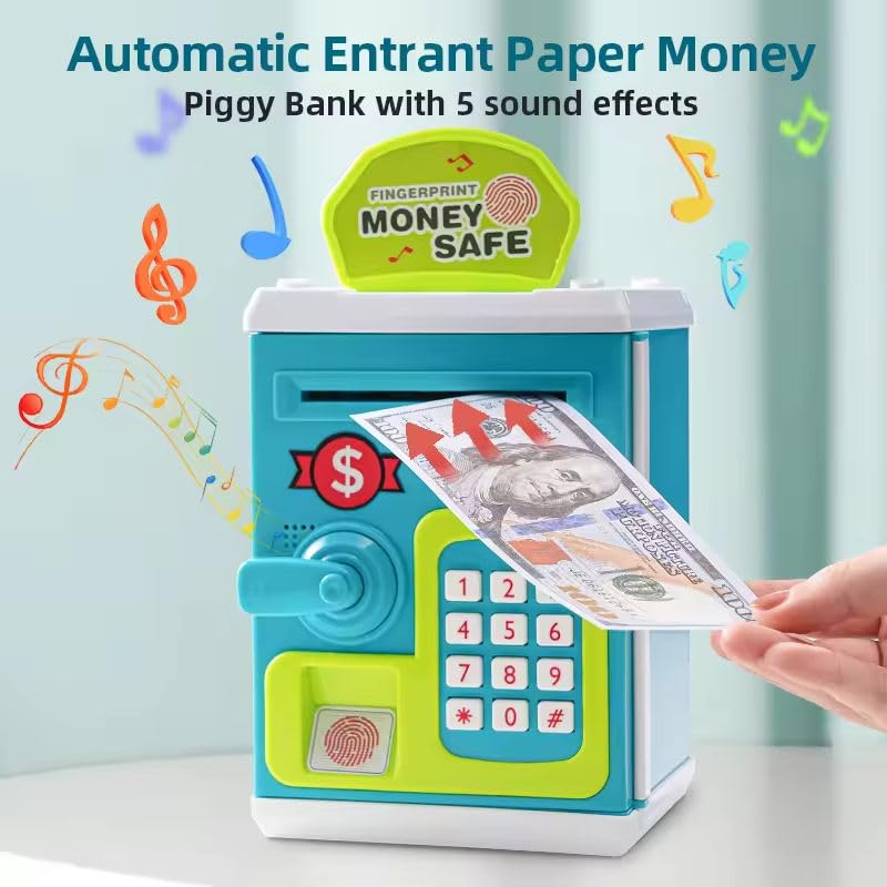 Fingerprint Money Safe for Kids Ð Electronic ATM Piggy Bank with Touch Sensor, Password Lock, Auto Money Roll, Lights and Sound (Blue, Pink, Red)