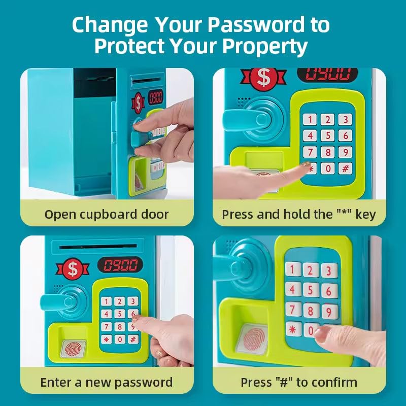 Fingerprint Money Safe for Kids Ð Electronic ATM Piggy Bank with Touch Sensor, Password Lock, Auto Money Roll, Lights and Sound (Blue, Pink, Red)