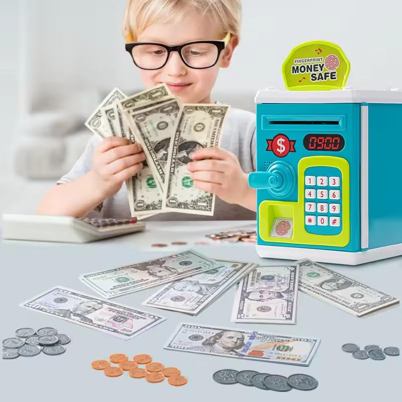 Fingerprint Money Safe for Kids Ð Electronic ATM Piggy Bank with Touch Sensor, Password Lock, Auto Money Roll, Lights and Sound (Blue, Pink, Red)